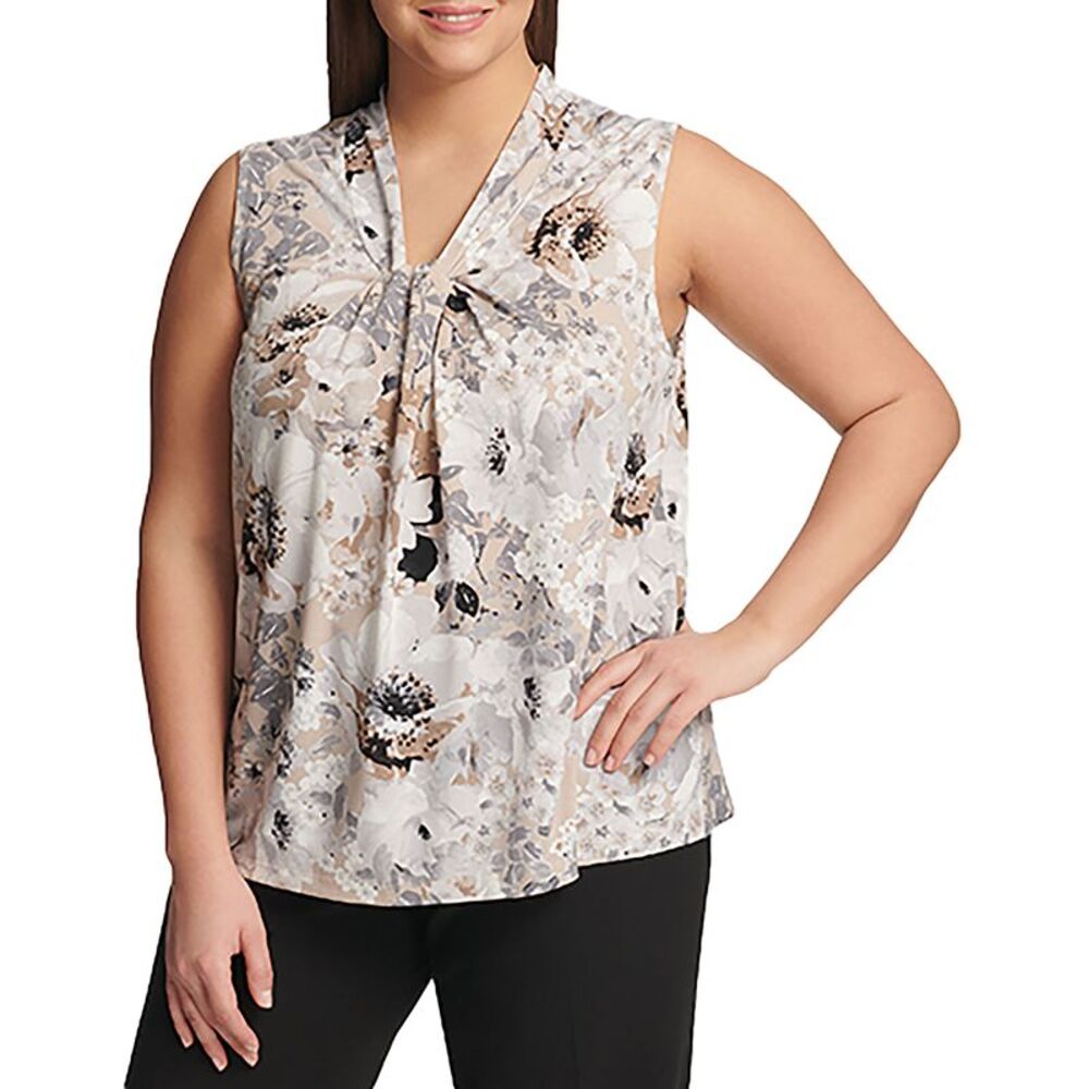 Plus Size Calvin Klein Sleeveless Floral Knot Neck Blouse